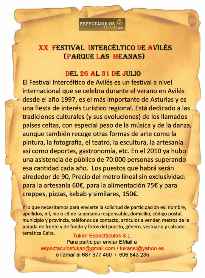 XX FESTIVAL INTERCÉLTICO DE AVILÉS (PARQUE LAS MEANAS) DÍAS DEL 26 AL 31 DE JULIO DEL 2016