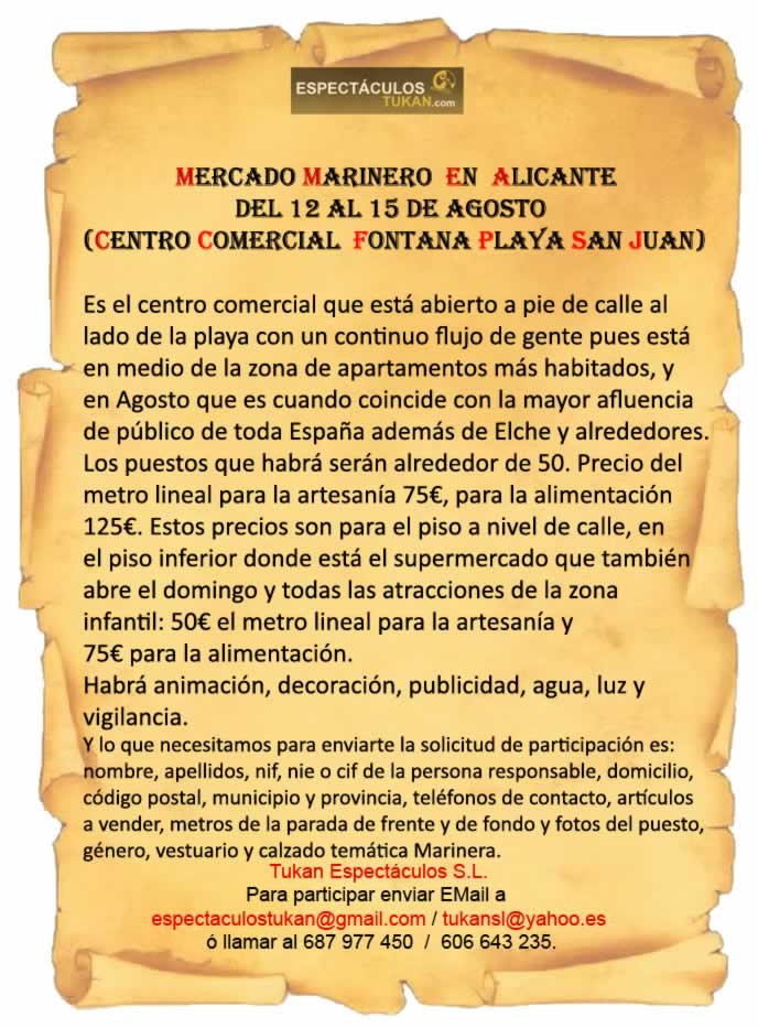 MERCADO MARINERO EN ALICANTE (CENTRO COMERCIAL FONTANA EN PLAYA SAN JUAN) DÍAS DEL 12 AL 15  DE AGOSTO DEL 2016