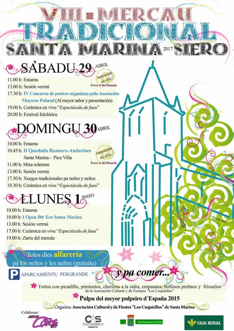 Programacion del VIII Mercau tradicional  Santa Marina, en Santa Marina ,Siero, Asturias del 29 de Abril al 01 de Mayo del 2017