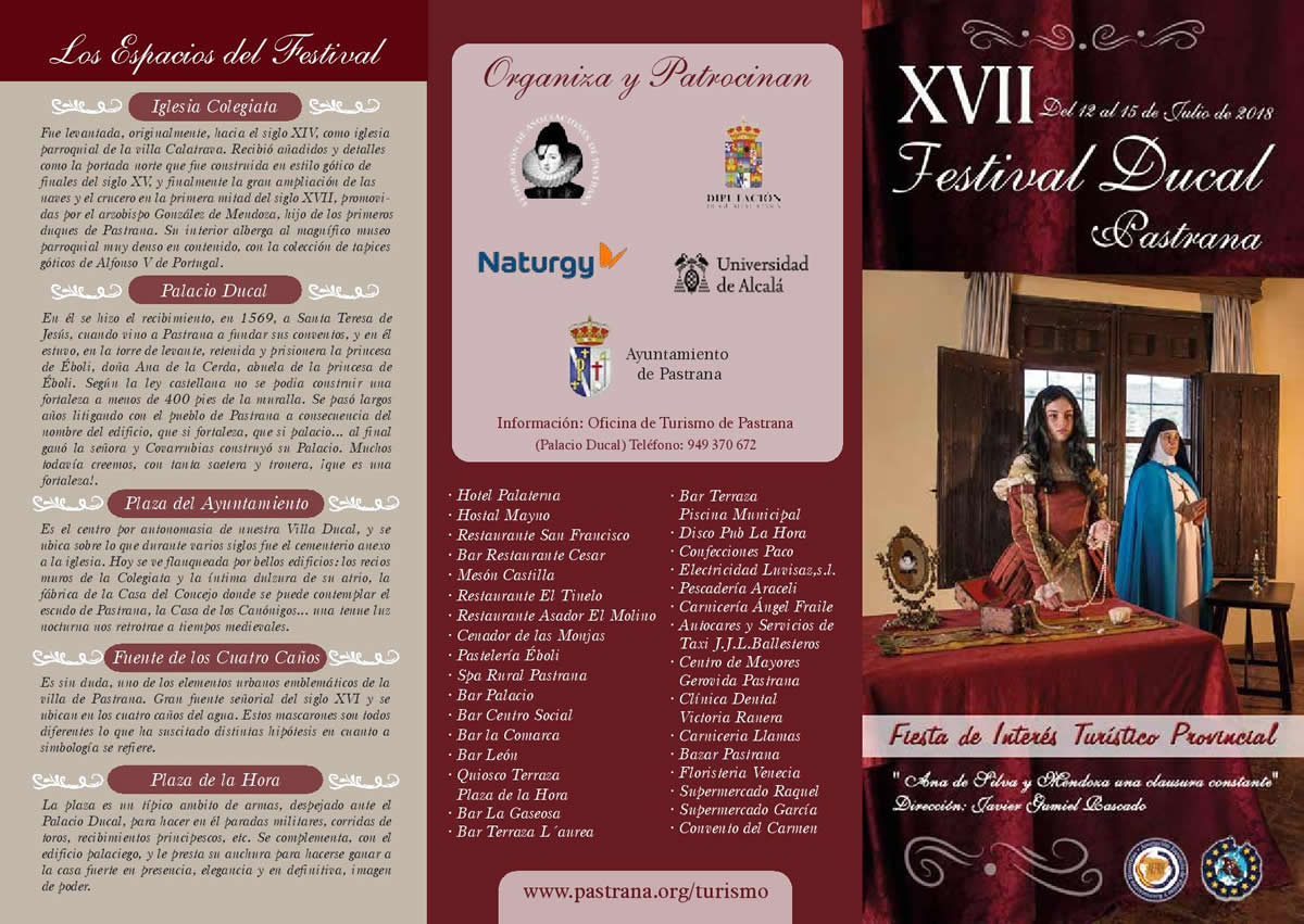 Programacion del XVII Festival ducal de Pastrana, Guadalajara del 13 al 15 de Julio del 2018