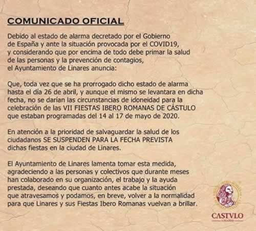 Coronavirus : Suspenden las VII FIESTAS IBERO ROMANAS DE CÁSTULO en Linares, Jaen