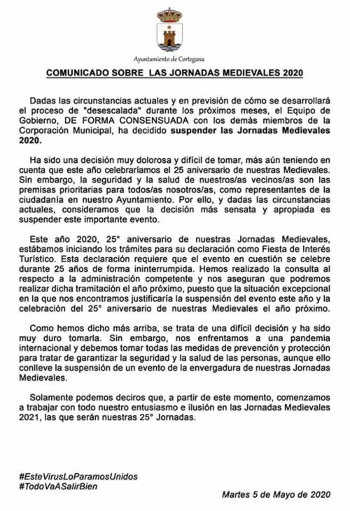 Coronavirus : Suspendidas las Jornadas medievales en Cortegana, Huelva
