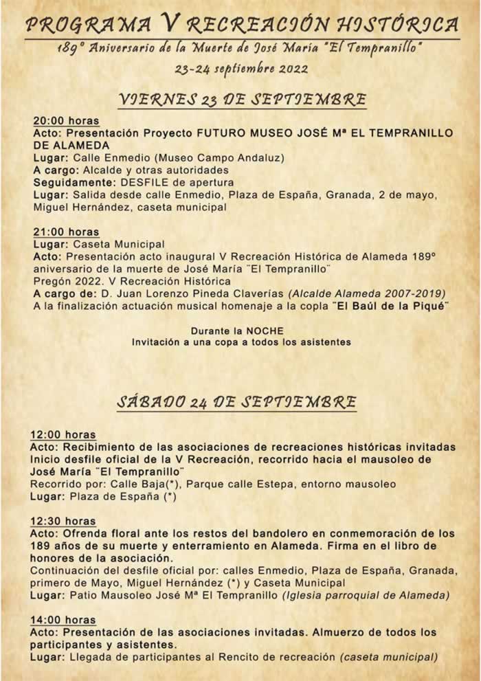 V Recreación Histórica Vida y Muerte de José María el Tempranillo en Alameda, Malaga 23 y 24 de Septiembre 2022