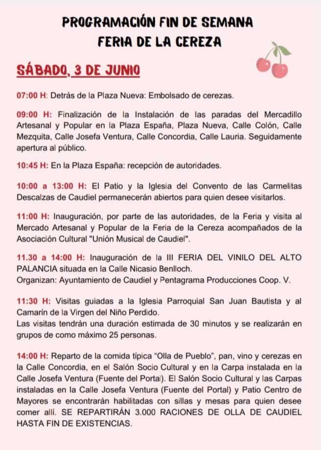 Feria de la Cereza en Caudiel, Castellon programa Sabado 03 de Junio 2023