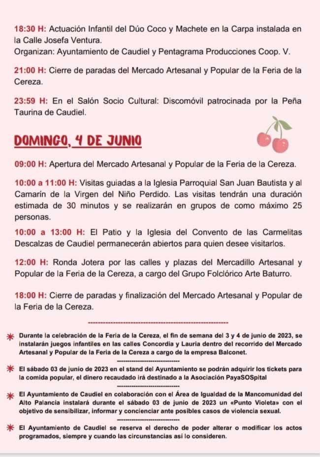 Feria de la Cereza en Caudiel, Castellon programa Domingo 04 de Junio 2023