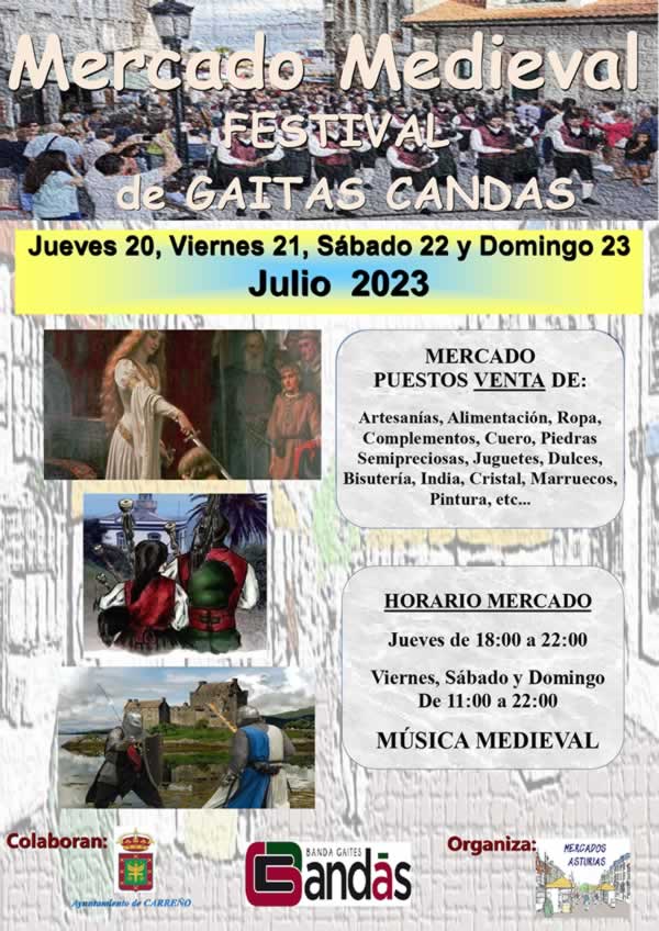 Mercado medieval Festival Internacional de Gaitas de Candas 20 al 23 de Julio 2023 / cartel