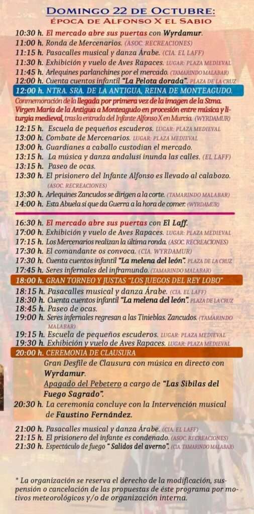 Mercado Medieval de las VI Jornadas Medievales de la Ciudad de Murcia Monteagudo, Frontera de Reinos 2023 programa dia Domingo 