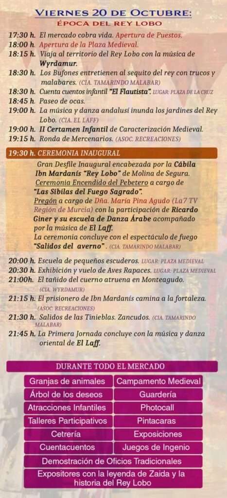 mercadosmedievales.net - Mercado Medieval de las VI Jornadas Medievales de la Ciudad de Murcia Monteagudo, Frontera de Reinos 2023 programa dia Viernes