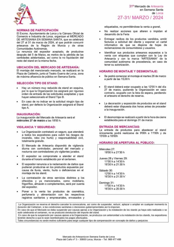 Convocatoria de participación : MASS ARTESANÍA 2024 - XL Mercado de Artesanía en Semana Santa de Lorca 2024
