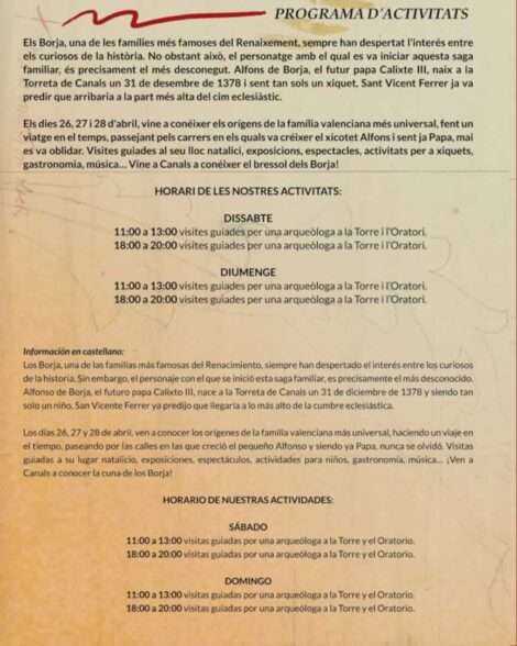 FERIA RENACENTISTA DE CALIXTO III CANALS (VALENCIA) 2024 programa 1