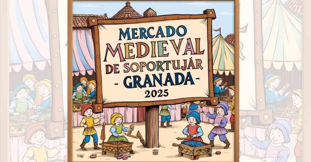 Recreación de Calles decoradas en Soportújar durante el Mercado Medieval con puestos artesanos y animación.