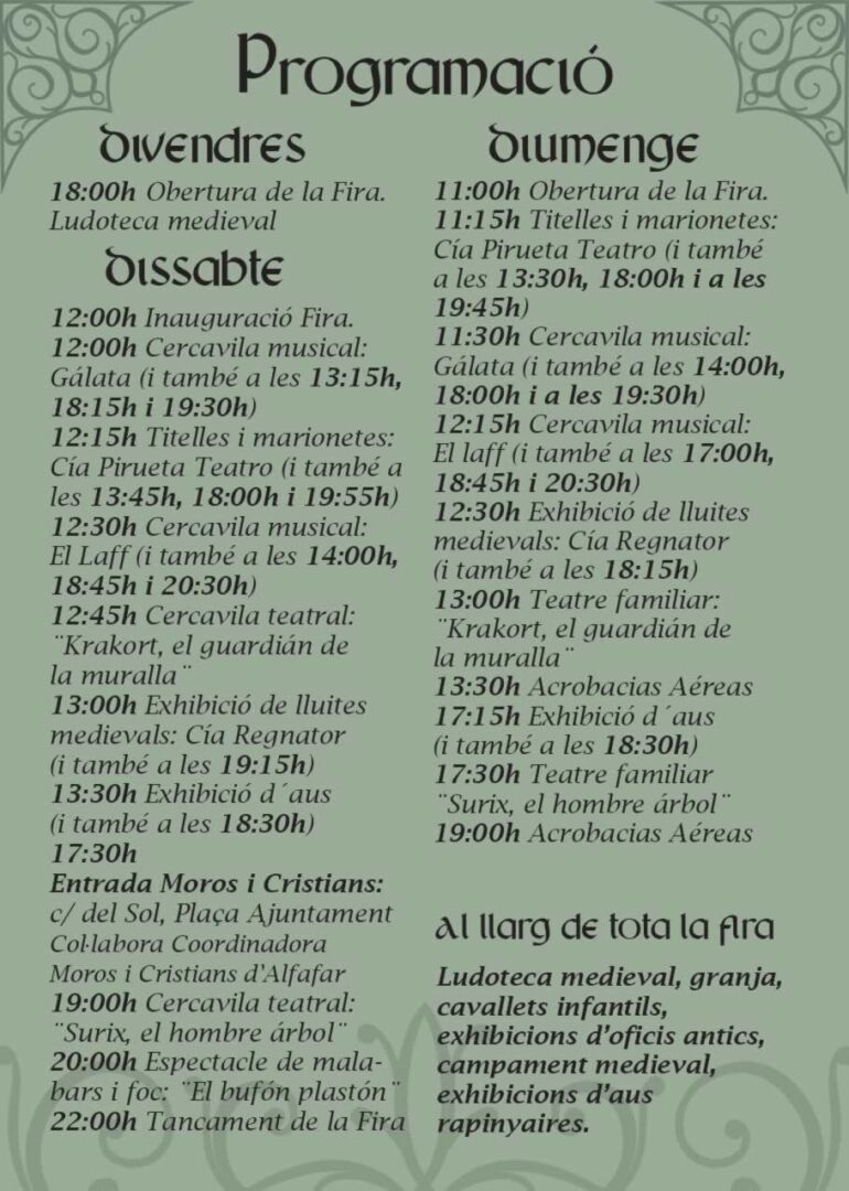 Programación del Mercado Medieval en Alfafar Valencia