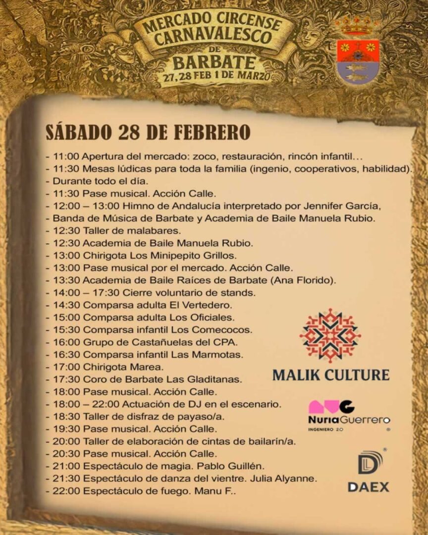 Mercado Circense Carnavalesco de Barbate 2026 (Cádiz) 7 Programación del Mercado Circense Carnavalesco de Barbate 2