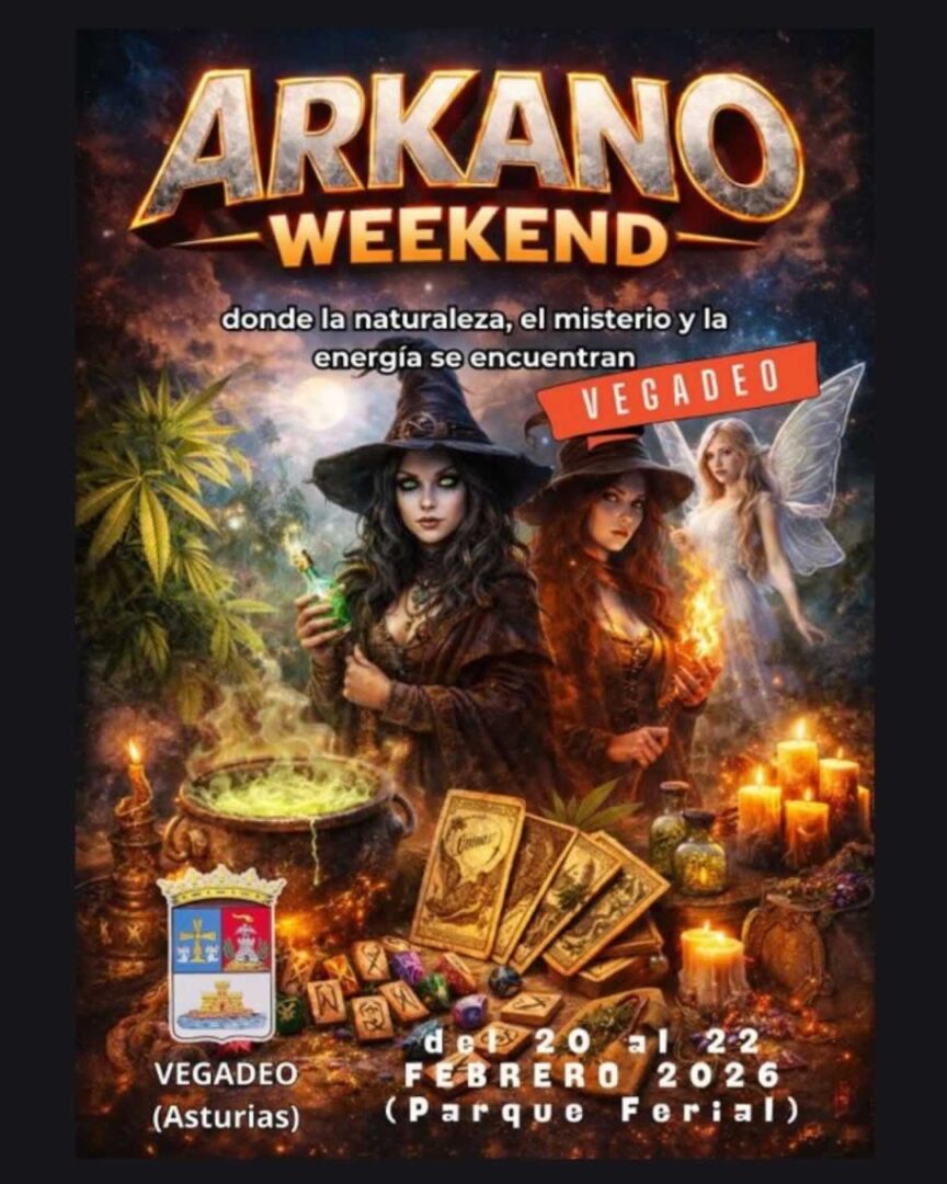 Feria de Esoterismo y Brujería en Vegadeo con puestos esotéricos, minerales y ambiente místico en el Parque Ferial.