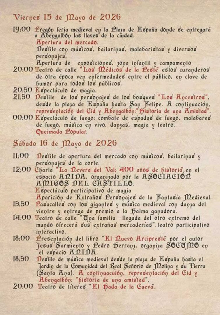 Programación Feria Medieval de Molina de Aragón  Viernes y Sábado