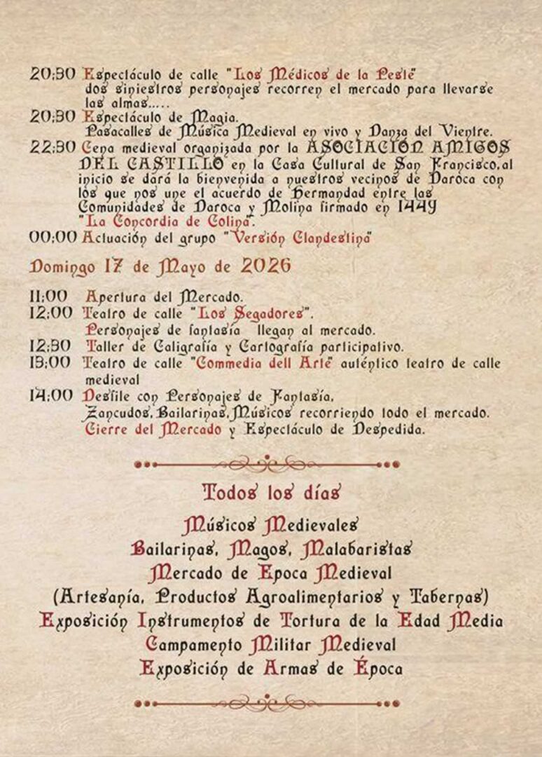Programación de la Feria Medieval de Molina de Aragón Sábado y Domingo