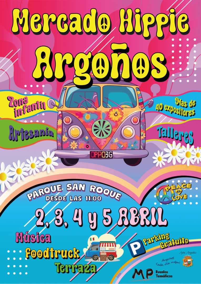 Cartel Mercado hippie de Semana Santa en Argoños, Cantabria, con artesanía, música vintage y ambiente flower power.