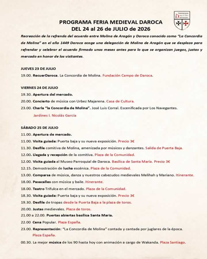 Programación de la XXV Feria Medieval de Daroca 2026 (Zaragoza) 6 medieval daroca proograma 1