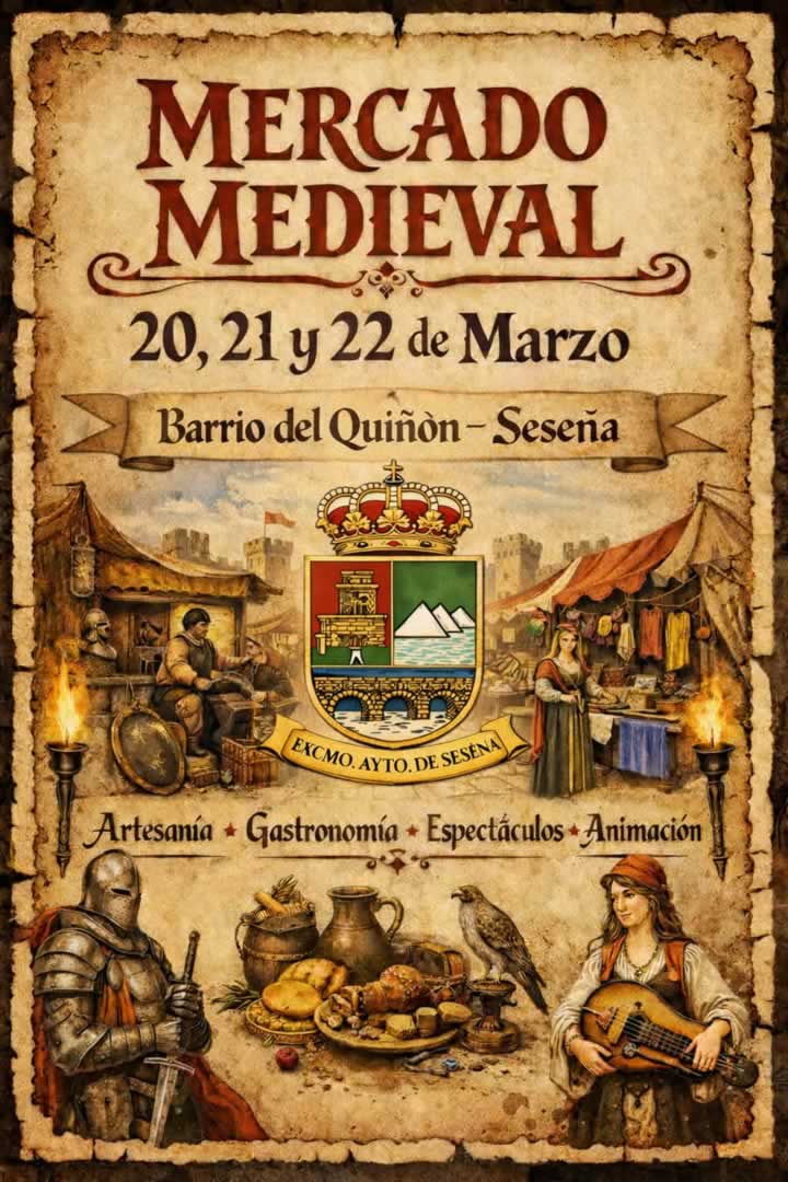 cartel - Mercado medieval en el Barrio del Quiñón de Seseña con artesanía, gastronomía y animación medieval.