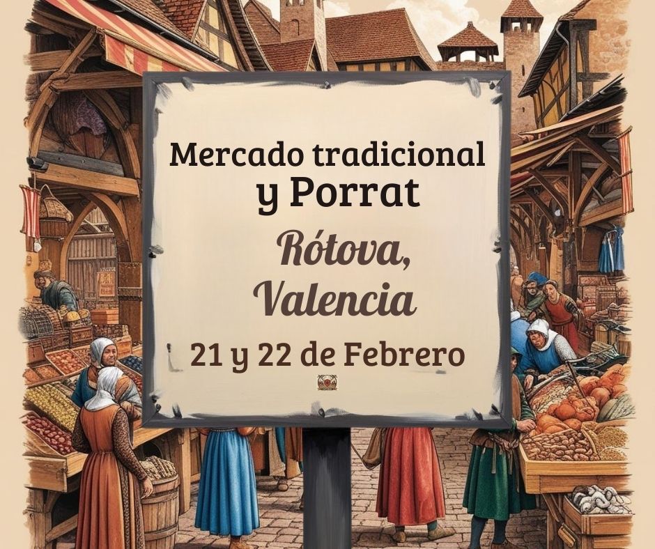 Mercado tradicional y porrat en Rótova, Valencia, con artesanía, productos típicos y animación popular.