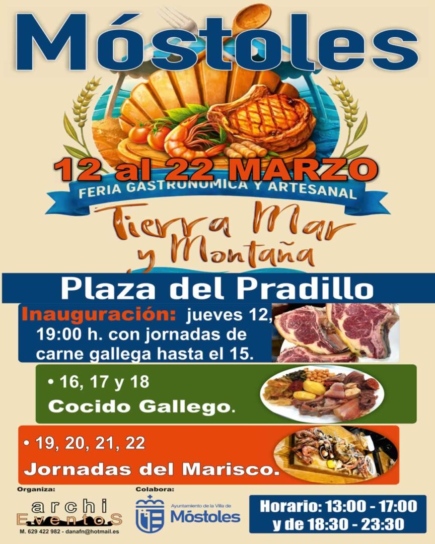 Cartel de la I Feria Gastronómica y Artesanal Tierra, Mar y Montaña en Móstoles del 12 al 22 de marzo 2026