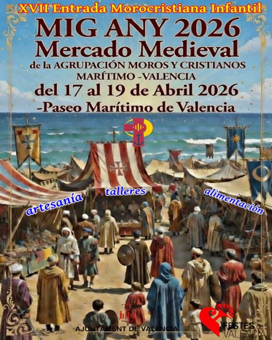 Cartel de la Feria Medieval en la Playa de las Arenas Valencia Mig Any Marítimo 2026 del 17 al 19 de abril