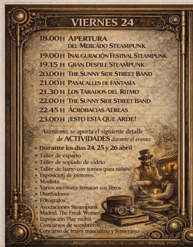 Programación dia Viernes del Festival Steampunk de Illescas 2026 (Toledo)
