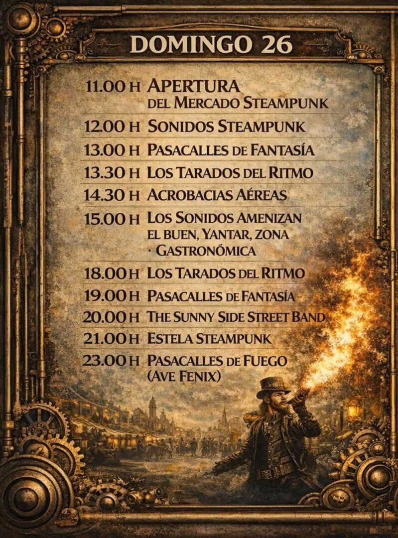 Programación dia Domingo del Festival Steampunk de Illescas 2026 (Toledo)
