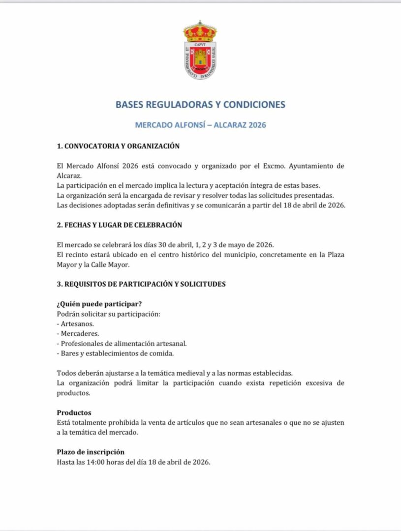 Mercado Alfonsí de Alcaraz 2026 (Albacete) 5 Bases Reguladoras Mercado Alfonsi Alcaraz 2026 1