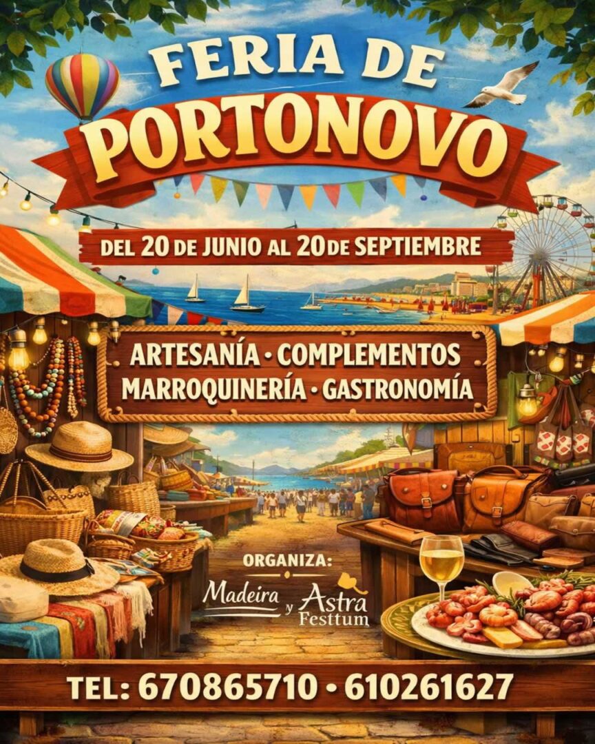 Cartel de la Feria de Portonovo 2026, del 20 de junio al 20 de septiembre, con puestos de artesanía, gastronomía y ambiente veraniego.