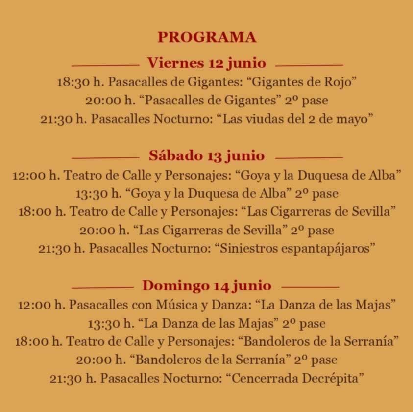 Mercado Goyesco Sevilla la Nueva (Madrid) 2026 / 12 al 14 de Junio 6 Programación del programa Mercado Goyesco Sevilla la Nueva 2026 con fechas, horario de los espectáculos , de la animación, teatro, artesanía, gastronomia.