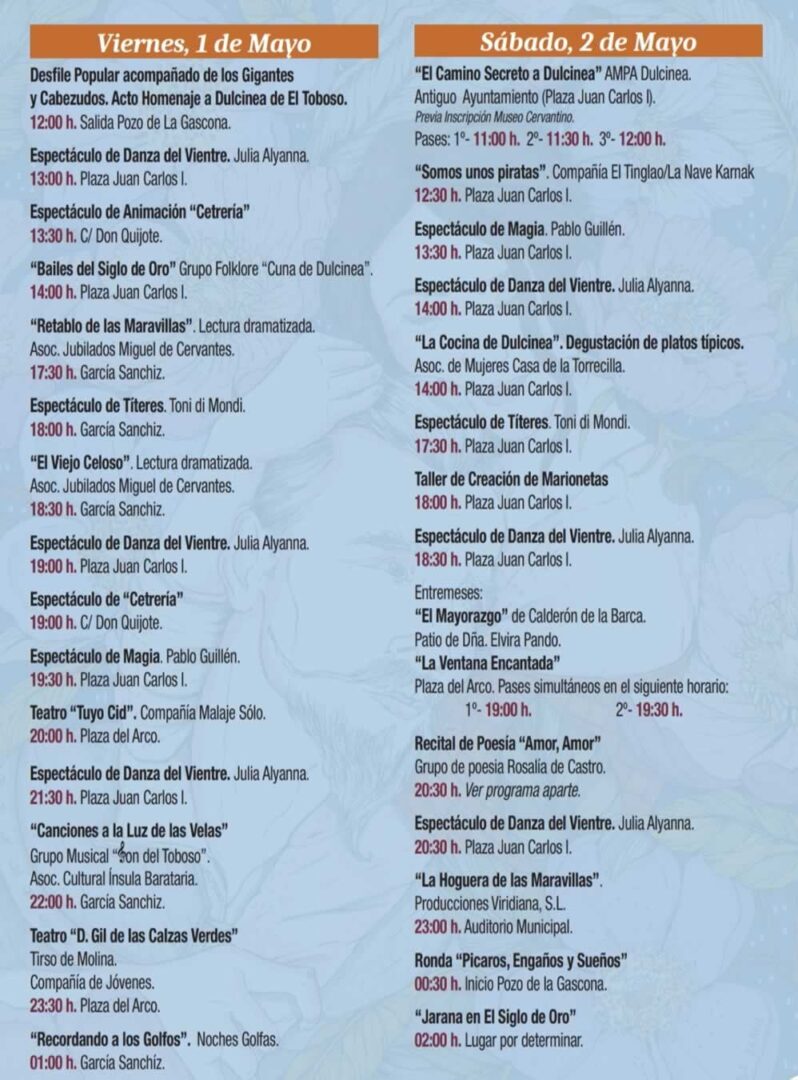 Programación del Mercado Cervantino en El Toboso  - dias Viernes y sábado