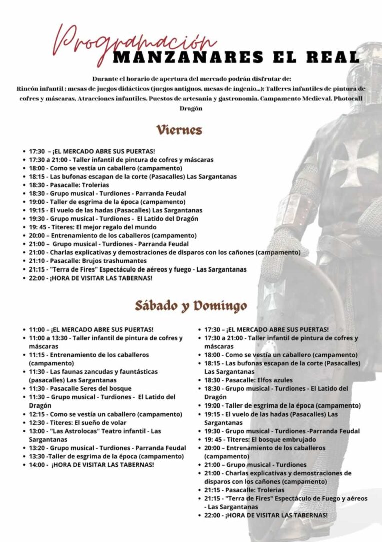 Programación Mercado Medieval en Manzanares El Real (Madrid)