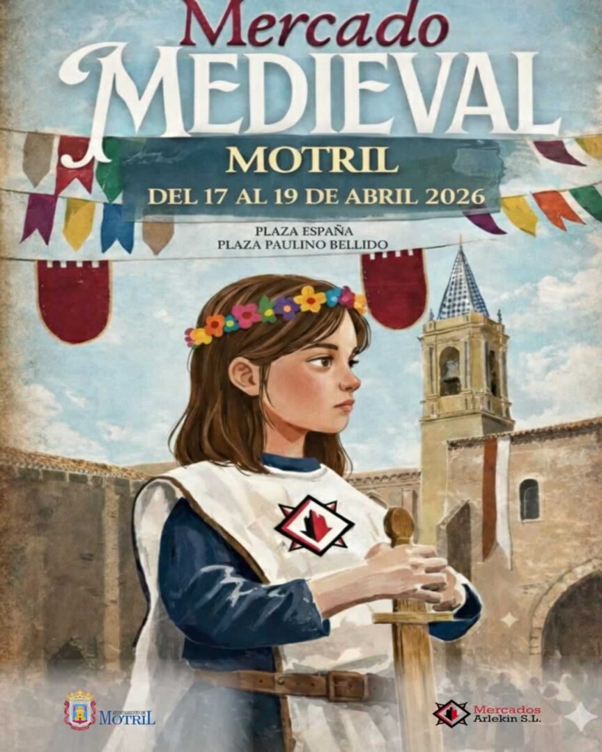 Cartel del Mercado Medieval de Motril 2026, del 17 al 19 de abril, con ambientación medieval, puestos artesanales y animación en Plaza España.