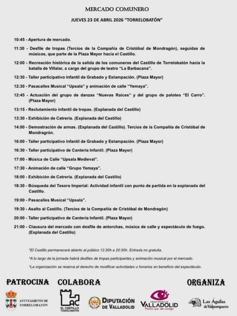 Programación Mercado comunero 2026 renacentista de Torrelobaton, Valladolid. Dia 23 de Abril del 2026