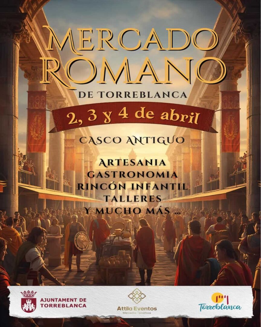 Cartel del Mercado Romano de Torreblanca 2026 con puestos de artesanía, gastronomía y actividades en el casco antiguo de Torreblanca, Castellón.