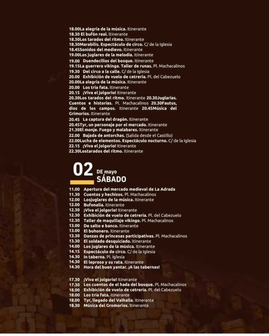 Programa oficial del Mercado Medieval de La Adrada 2026 - día Viernes - Sabado