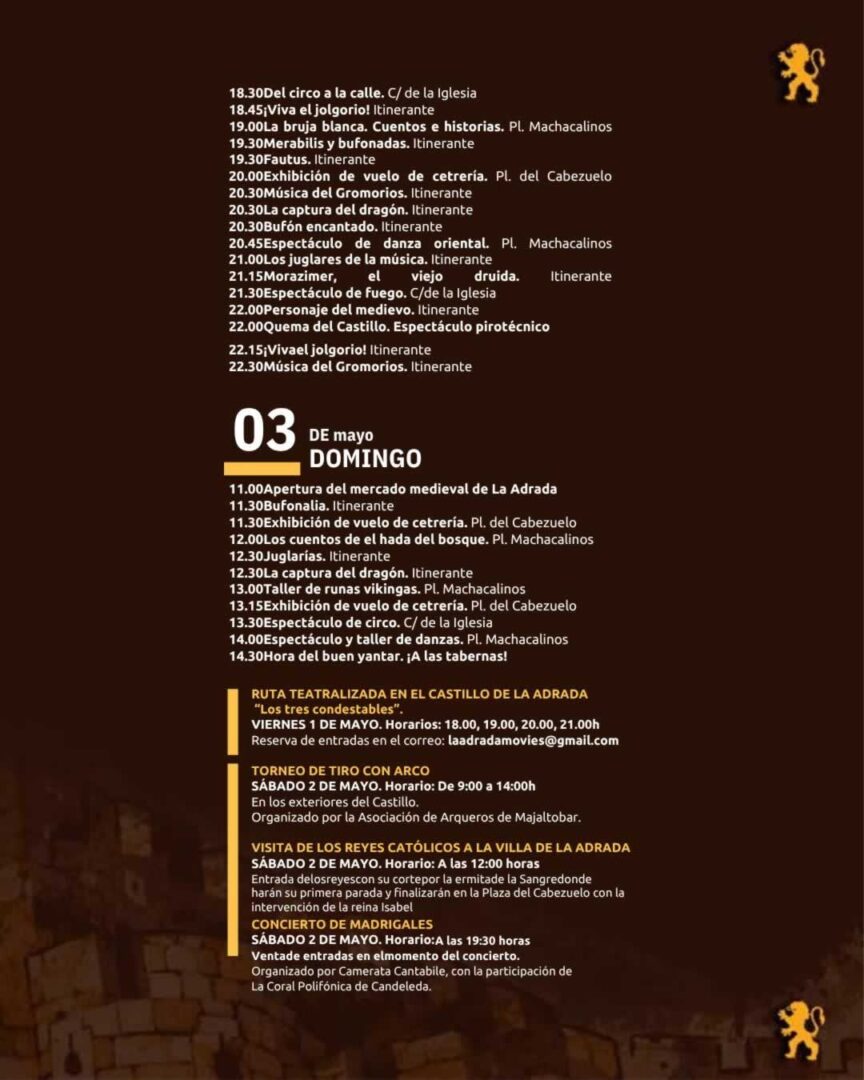 Programa oficial del Mercado Medieval de La Adrada 2026 - día  Sábado y Domingo