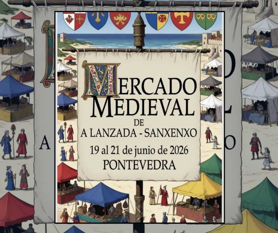 Mercado Medieval de A Lanzada 2026 con puestos de artesanía junto a la playa en Sanxenxo, Galicia