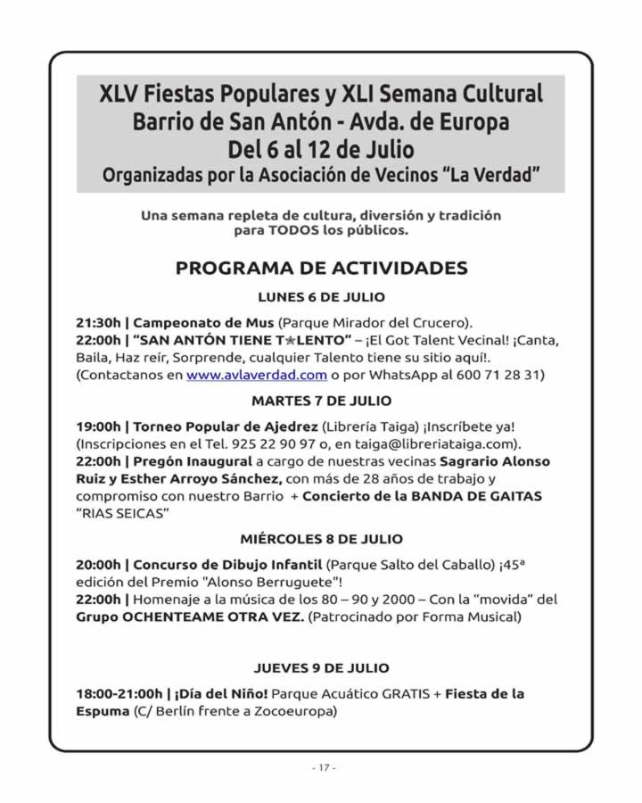 Mercado Nocturno en San Antón de Toledo 2026 | Programación 3 PROGRAMA FIESTAS DEL BARRIO 2026 SAN ANTON AVENIDA DE EUROPA page 0017