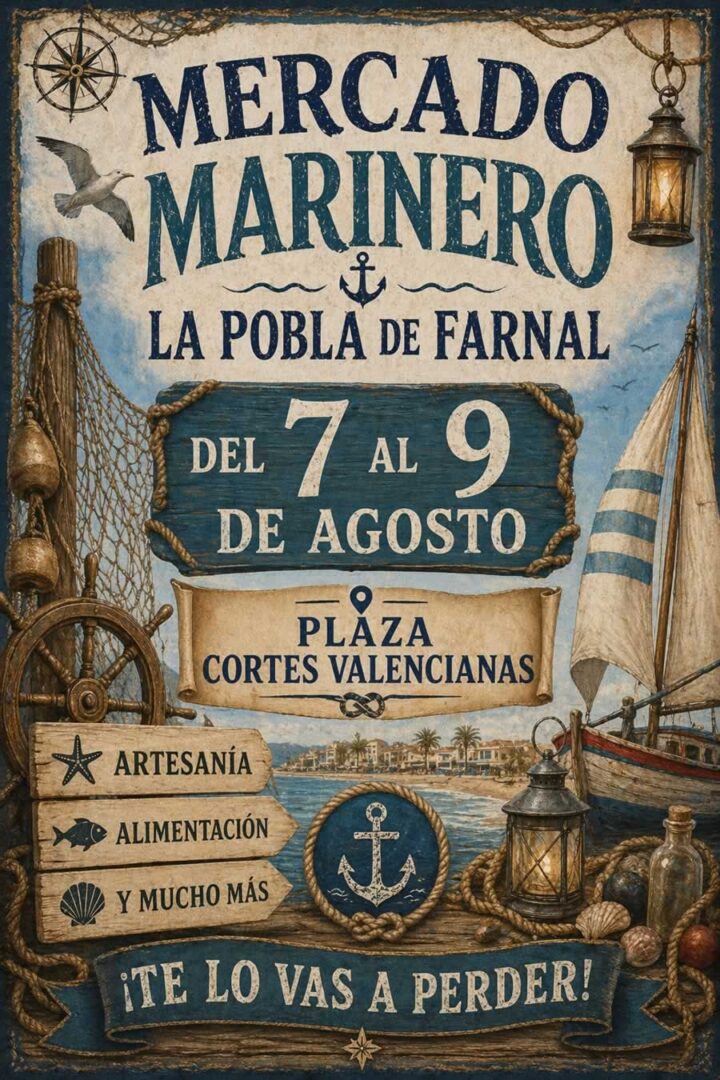 Cartel anunciador del Mercado Marinero en La Pobla de Farnals 2026 con ambiente marítimo, puestos de artesanía y gastronomía del 7 al 9 de agosto.