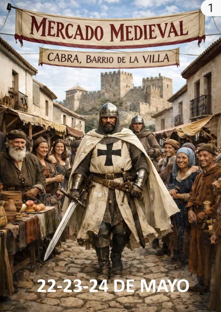 Cartel anunciador del Mercado Medieval de Cabra 2026 (Córdoba). Inscripciones abiertas para artesanos del 20 al 22 de mayo en la Villa junto al Castillo.