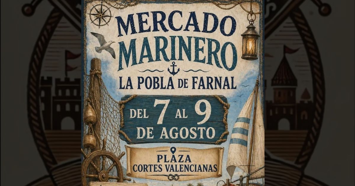 Inscripciones abiertas Cartel del Mercado Marinero en La Pobla de Farnals 2026 con ambiente marítimo, puestos de artesanía y gastronomía del 7 al 9 de agosto.