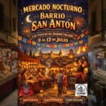 Cartel del Mercado Nocturno en el barrio de San Antón en Toledo con puestos de artesanía, gastronomía, ambiente festivo nocturno, antorchas y vistas monumentales del 9 al 12 de julio fb