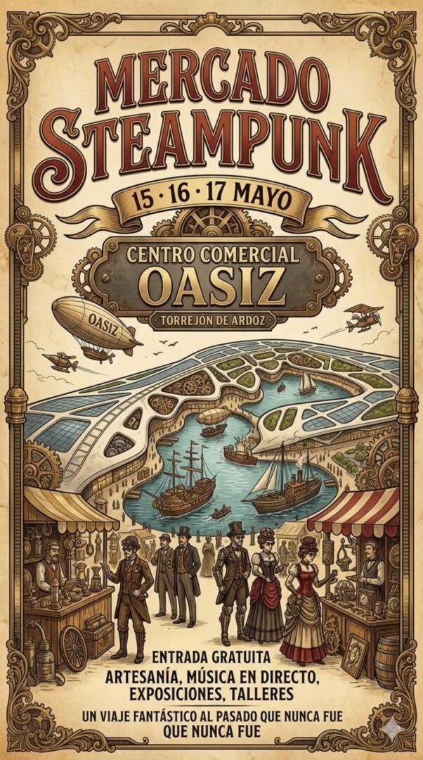 Cartel del Mercado Steampunk en Torrejón de Ardoz 2026 en Oasiz Madrid con estética victoriana retrofuturista del 15 al 17 de mayo 2026