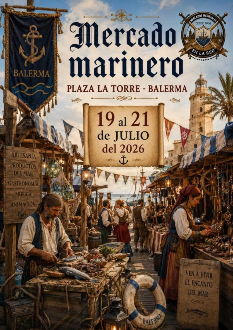 Cartel anunciador Mercado marinero plaza La Torre - Balerma 2026 (Almería)