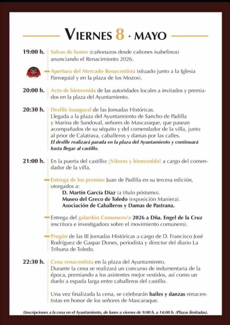 III Jornadas históricas de Mascaraque - Renacimiento 2026 (Toledo) 5 III Jornadas históricas de Mascaraque Programa día Viernes