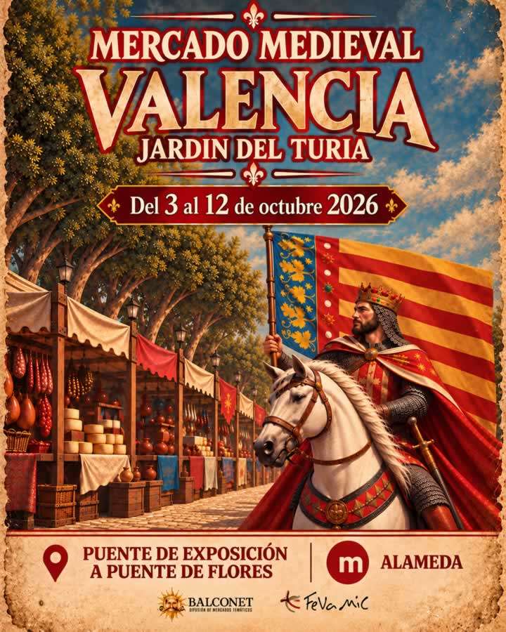 Cartel mercado medieval Valencia Jardin del Turia 