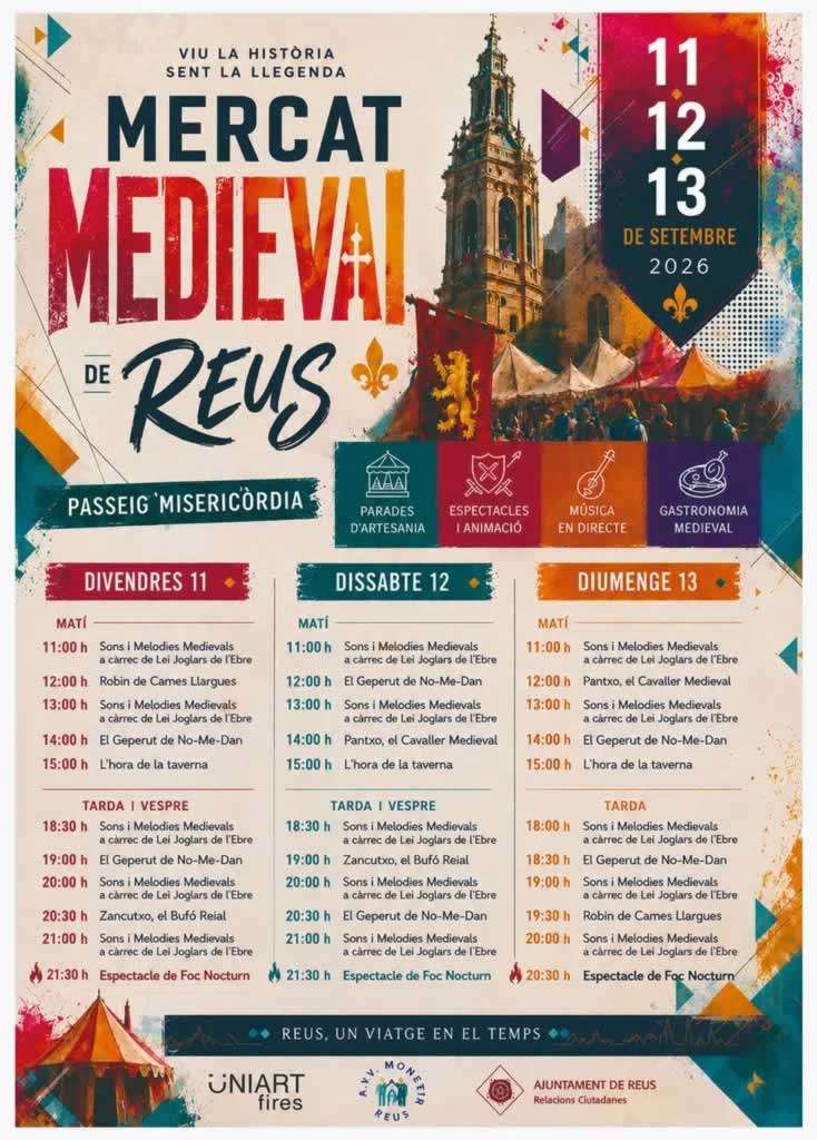 Programación Mercado Medieval de Reus (Tarragona) 2026: convocatoria para artesanos, gastronomía y restauración