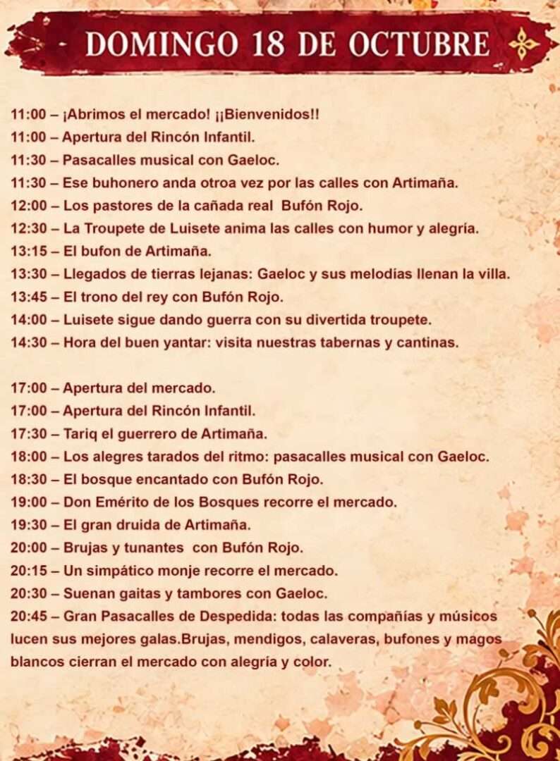 Programación del Mercado Medieval de El Escorial 2026 (Madrid) 8 Programa medieval de El Escorial 2026 domingo